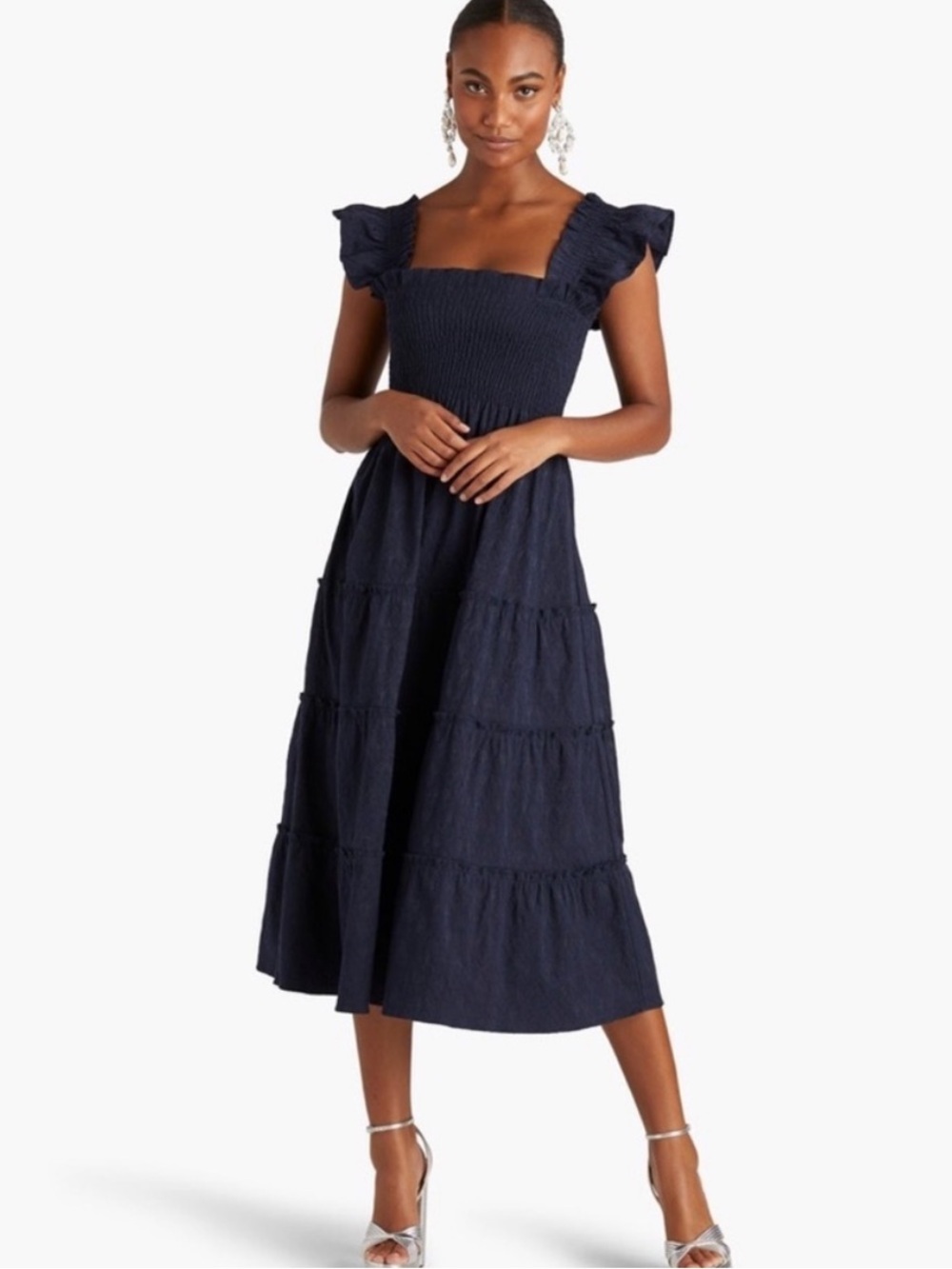 Hill House Home Ellie Nap Midi Dress Navy Blue Brocade Size XS